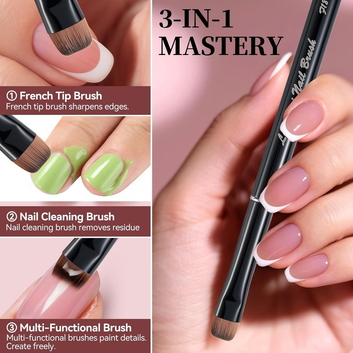 Nail Brush for French Tip, Nail Cleaning Brush for Gel & Acrylic - Professional Kolinsky Sable French Manicure Brush, Thin Nail Art Brush for Precise Clean Up & Polygel Application (Black, F18)