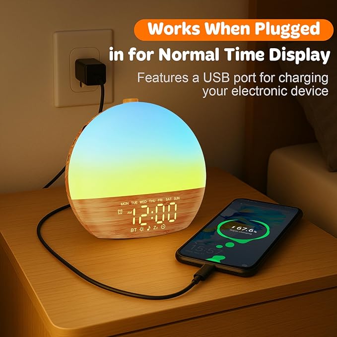 White Noise Sound Machine: Wood Grain, 30 Sleep Sounds, Bluetooth, Sunrise Alarm Clock with Dual Alarms, Adjustable Brightness,Wake-Up Light, Ideal for Bedroom, Office, Kids & Adults