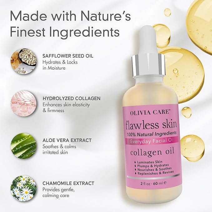 Olivia Care Collagen Facial Oil - Flawless Essential Facial Oil 100% Natural. Nourishing, Reviving & Hydrating Soothing - For All Skin Types - 2 fl oz (Collagen)