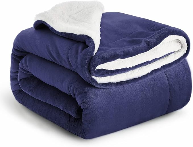 IR Imperial Rooms Sherpa Blankets Queen Size - Thick and Warm Blankets for Winter, Reversible Soft and Fuzzy Fluffy Queen Size Blanket for Bed, Navy, 90x90 Inches