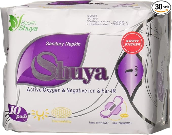 SHUYA Ultral Thin Patented Negative ion Pads for Women with Wings, Aluminum foil Package Super Absorbency,Mint Herbal Scented Sanitary Pad, Size 245mm-30Count(Pack of 3)