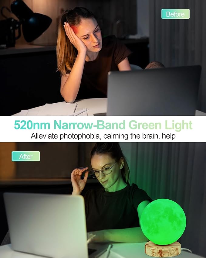 Green Light Therapy Lamp for Migraines Headaches Insomnia Sleep Light Sensitivity Anxiety Relief 520nm Narrow Band Green LED Multi-Mode Warm Natural Cold White Light Desk Lamp Remote Charging Port