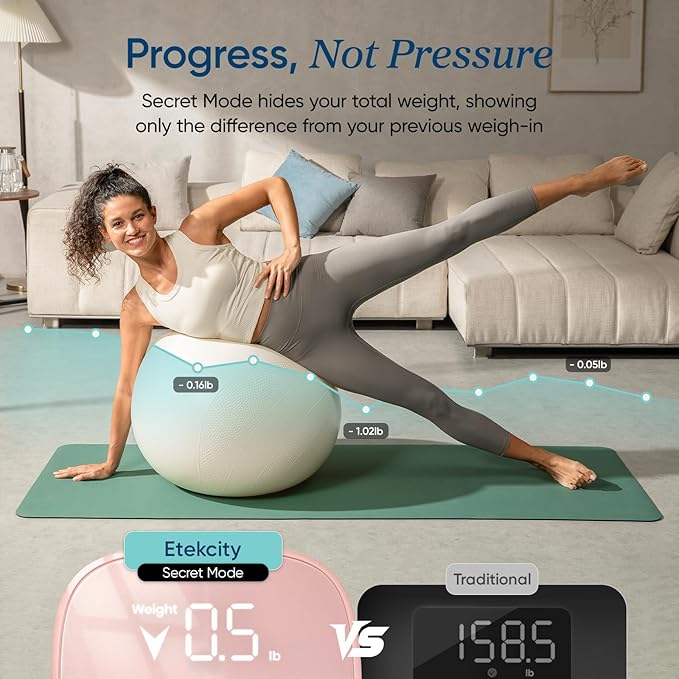Etekcity Smart Rechargeable Scale for Body Weight, BMI, Fat, Muscle Mass, Digital Bathroom Scale with 13 Metrics, Secret Mode, Bluetooth Connect to Free Apps, Cotton Candy Pink