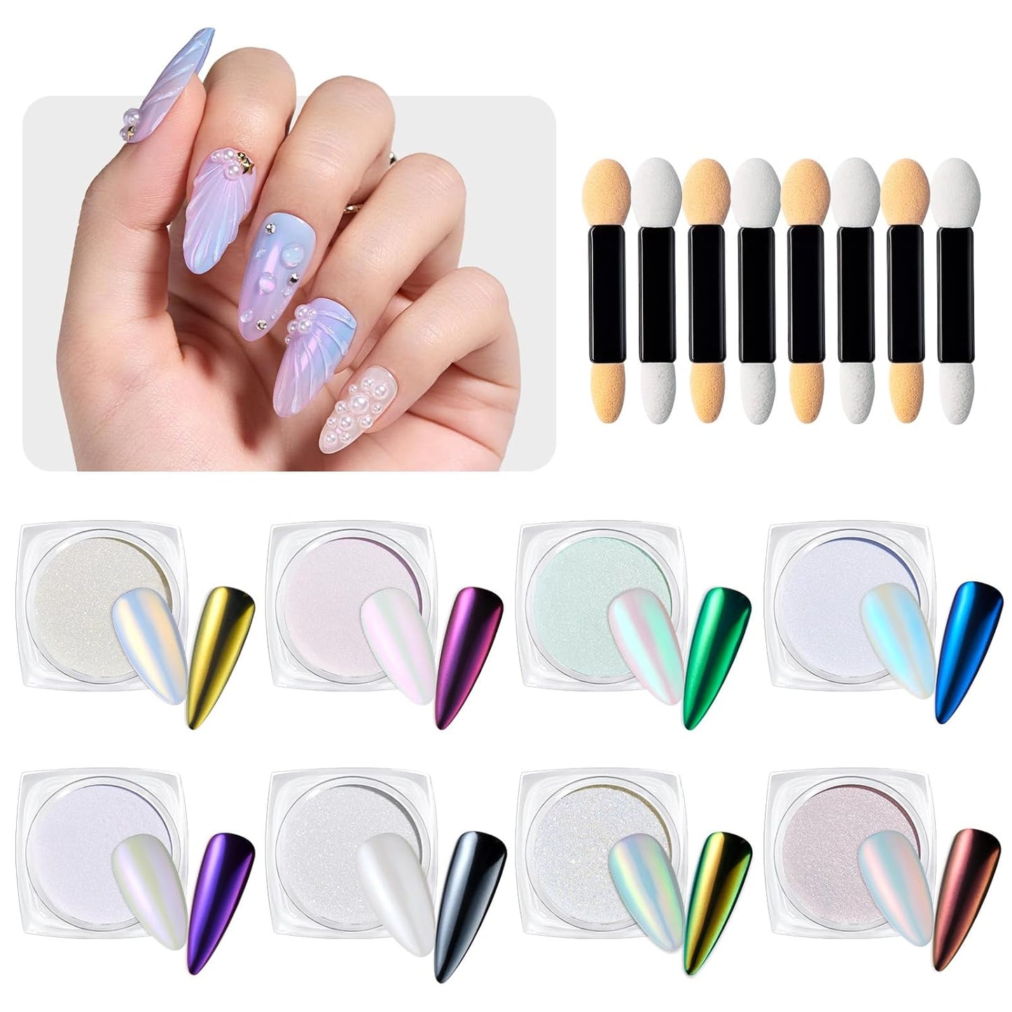 Beetles Chrome Nail Powder Metallic Mirror Effect, Holographic Aurora Mermaid Pearl Glitter, Chrome Powder for Gel Nails Manicure Nail Art Decoration 8 Colors 0.5g/Jar