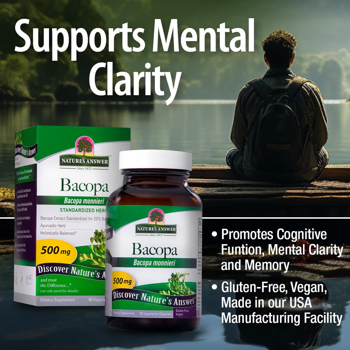Nature's Answer Bacopa Monnieri | Helps Improve Memory | NON-GMO| No Preservatives | Gluten-Free, Vegan & Vegetarian – 500mg (90 Capsules)