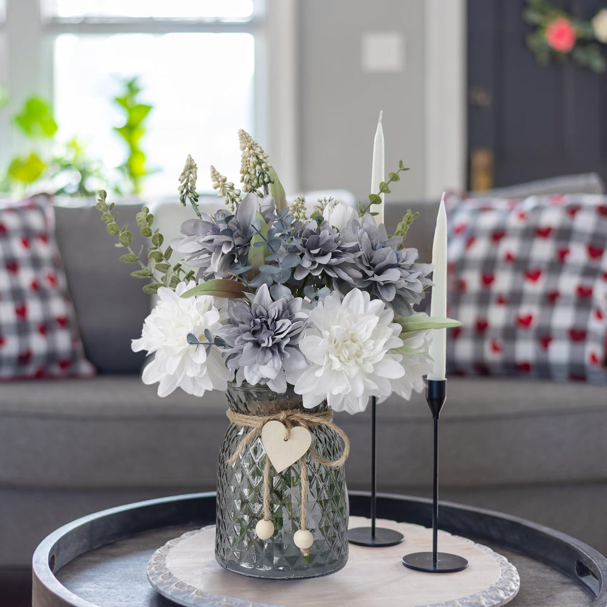 SHINFHOMF Fake Flowers in Vase,8 Dahlias,Silk Artificial Flowers in Vase,Centerpiece Table Decorations,Faux Flowers in Vase with a Flower Arrangement Holder