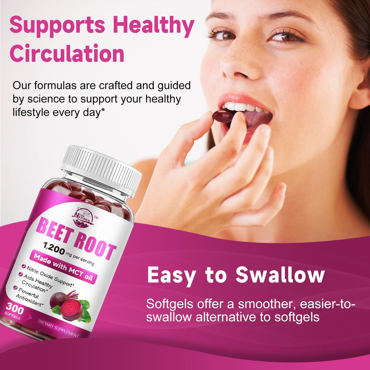 Beet Root Supplement with MCT Oil, 1200mg Max Strength per Serving, Aids Healthy Circulation & Vitality, Supports Digestive, Immune System, Super Beets Supplements, Non-GMO, 300 Softgels
