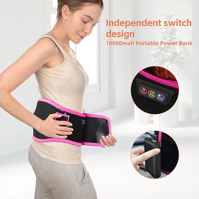 SHINE WELL Back Massager Belt for Pain Relief, Red Light Therapy Massage Belt with 3 Heat Levels and Vibrating, Lower Back Massager FSA Eligible,Battery Powered
