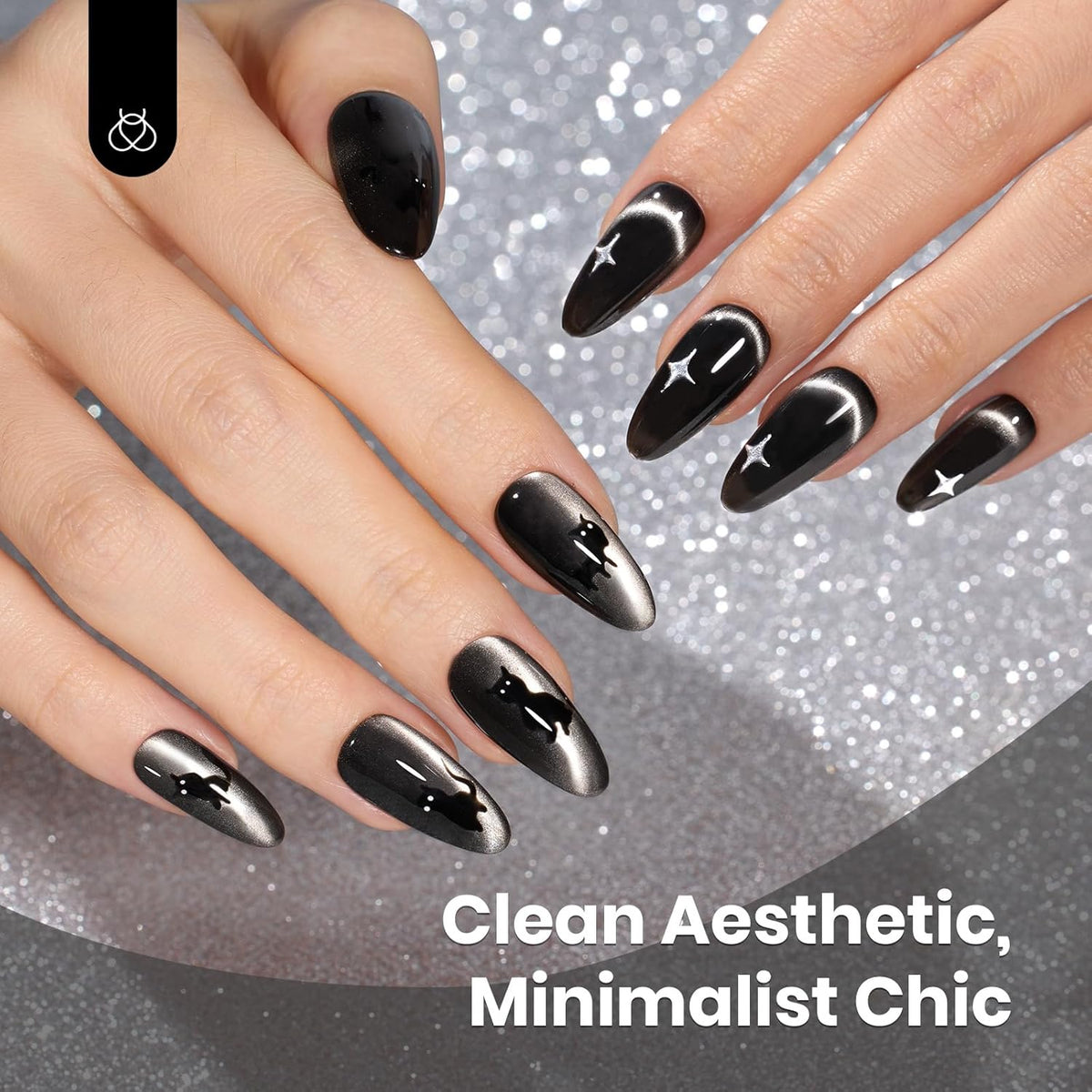Beetles Black Cat Eye Gel Polish, 15ML Black Glass Cat Eye Glitter Gel Polish with Magnet Shimmer Translucent Sheer Color Soak Off UV Midnight Sands Series French Nail Art Dsign Gift for Women