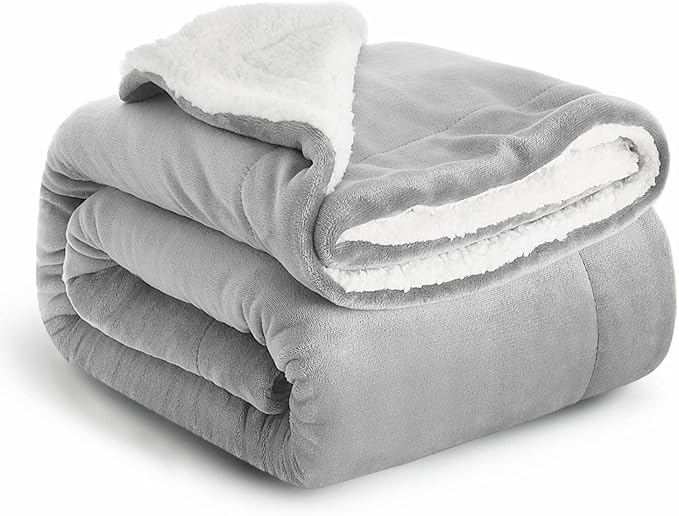 IR Imperial Rooms Sherpa Blankets Queen Size - Thick and Warm Blankets for Winter, Reversible Soft and Fuzzy Fluffy Queen Size Blanket for Bed, Light Grey, 90x90 Inches