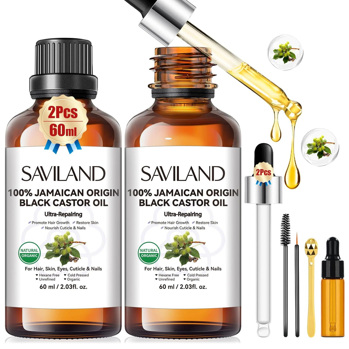 SAVILAND Jamaican Black Castor Oil: 100% Pure, Organic, Unrefined for Hair, Eyebrow, Face, Skin, Body & Home Care