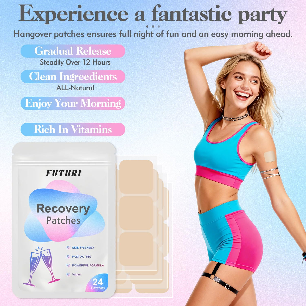FUTHRI Party Care Patches, 24 Pack, Natural Ingredients, Skin-Friendly, Self-Adhesive, Long Lasting, for Daily Party Recovery