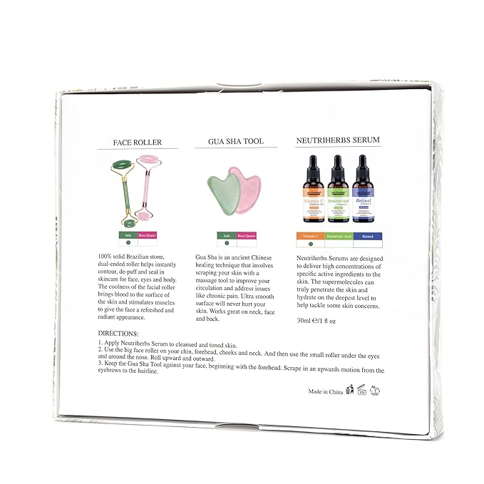 NEUTRIHERBS Jade Gua Sha & Face Roller & Vitamin C Serum Facial Tool Set(3 in 1 Kit), Home Face Massager for Wrinkle,Fine Line,Puffiness,Firm Smooth Relax Skin -- Green