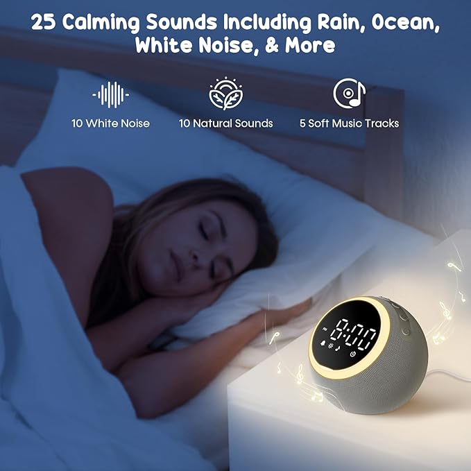 Rohent Sound Machine for Sleep: 25 Soothing Sounds, 7 Soft Wake-Up Sounds, 16 Adjustable Volume & Timer, Memory Function - Ideal for Bedrooms Use