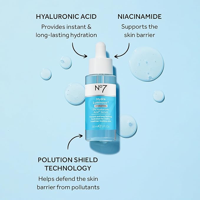 No7 HydraLuminous+ 2% Hyaluronic Acid Serum - Hydrating Facial Serum with 5% Vitamin B3 Niacinamide to Support Skin Barrier Repair - For Visibly Radiant & Healthier-Looking Skin (1 Fl Oz)