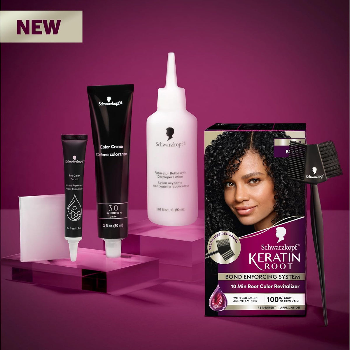 Schwarzkopf Keratin Color Root Permanent Hair Color Kit, Black, 1 Application - Salon Inspired Permanent Hair Dye, for up to 80% Less Breakage vs Untreated Hair and up to 100% Gray Coverage
