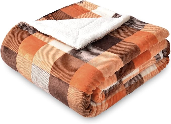 SOCHOW Buffalo Plaid Sherpa Fleece Throw Blanket, Double-Sided Checkered Super Soft Luxurious Bedding Blanket 60 x 80 inches, Orange