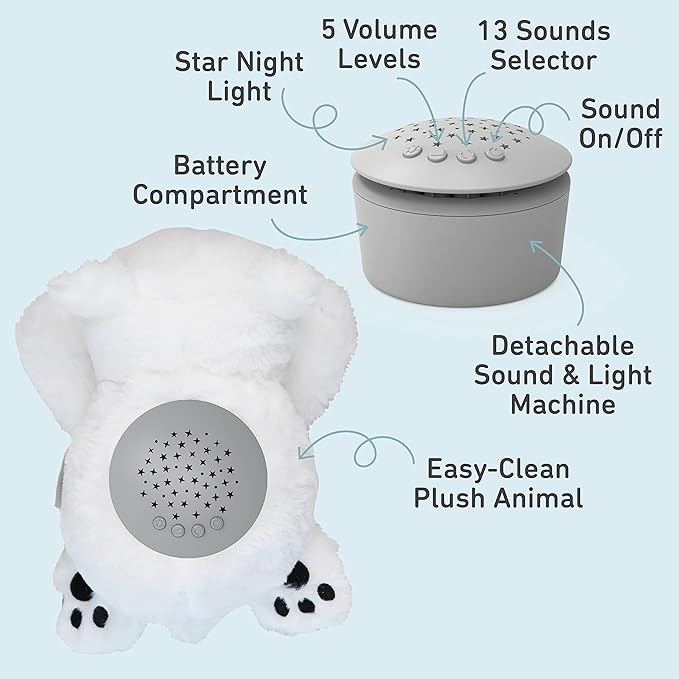 PureBaby Sound Sleepers Portable Sound Machine & Star Projector - Plush Sleep Aid for Baby and Toddlers with Soothing Night Light Display, 10 Lullabies, White Noise, and Heartbeat Sounds (Polar Bear)