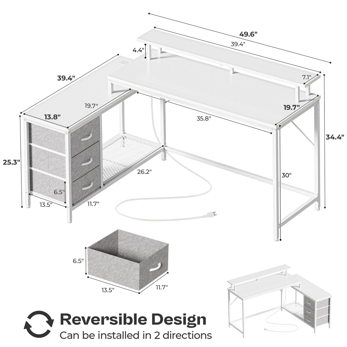 Huuger Reversible L Shaped Computer Desk with Drawers, Gaming Desk with LED Lights and Power Outlets, Office Desk with Storage Shelves, Corner Desk with Monitor Stand, for Home & Office, White