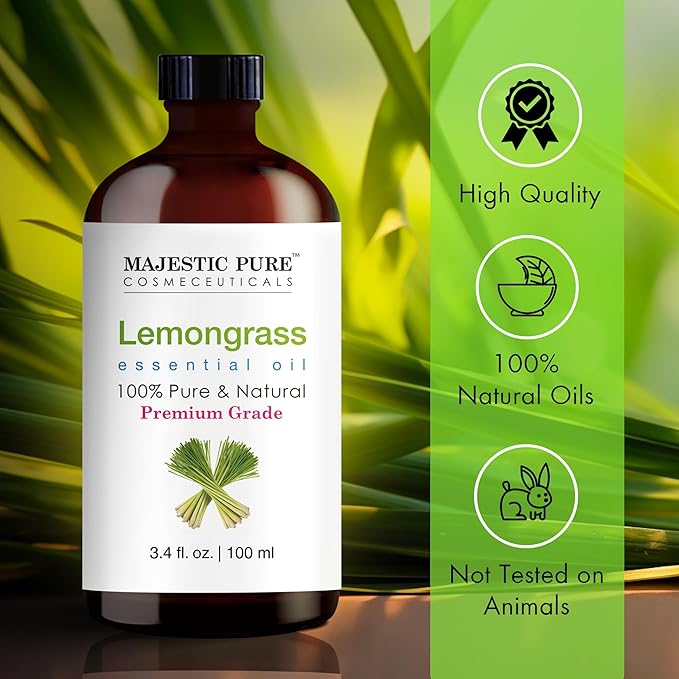 MAJESTIC PURE Lemongrass Essential Oil with Glass Dropper | 100% Pure and Natural Lemongrass Oil | Premium Grade Essential Oils for Diffusers, Skin, Aromatherapy, Massage | 3.4 Fl Oz