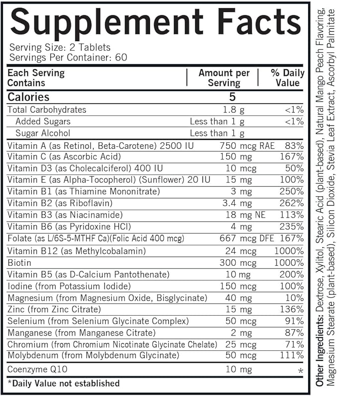 Kirkman - Children's Multivitamin & Mineral Chewable with 5-MTHF - 120 Capsules - Potent Broad-Spectrum Vitamin/Mineral Supplement - with Coenzyme Q-10 - Natural Mango Peach Flavor