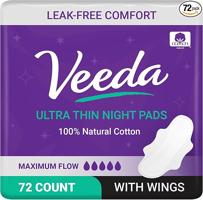 Veeda Natural Cotton Night Pads for Women - Overnight Heavy Flow Absorbent Ultra-Thin Feminine Pad - Hypoallergenic Period pads with Wings - Unscented & Chlorine free Sanitary Napkins - 72 Count