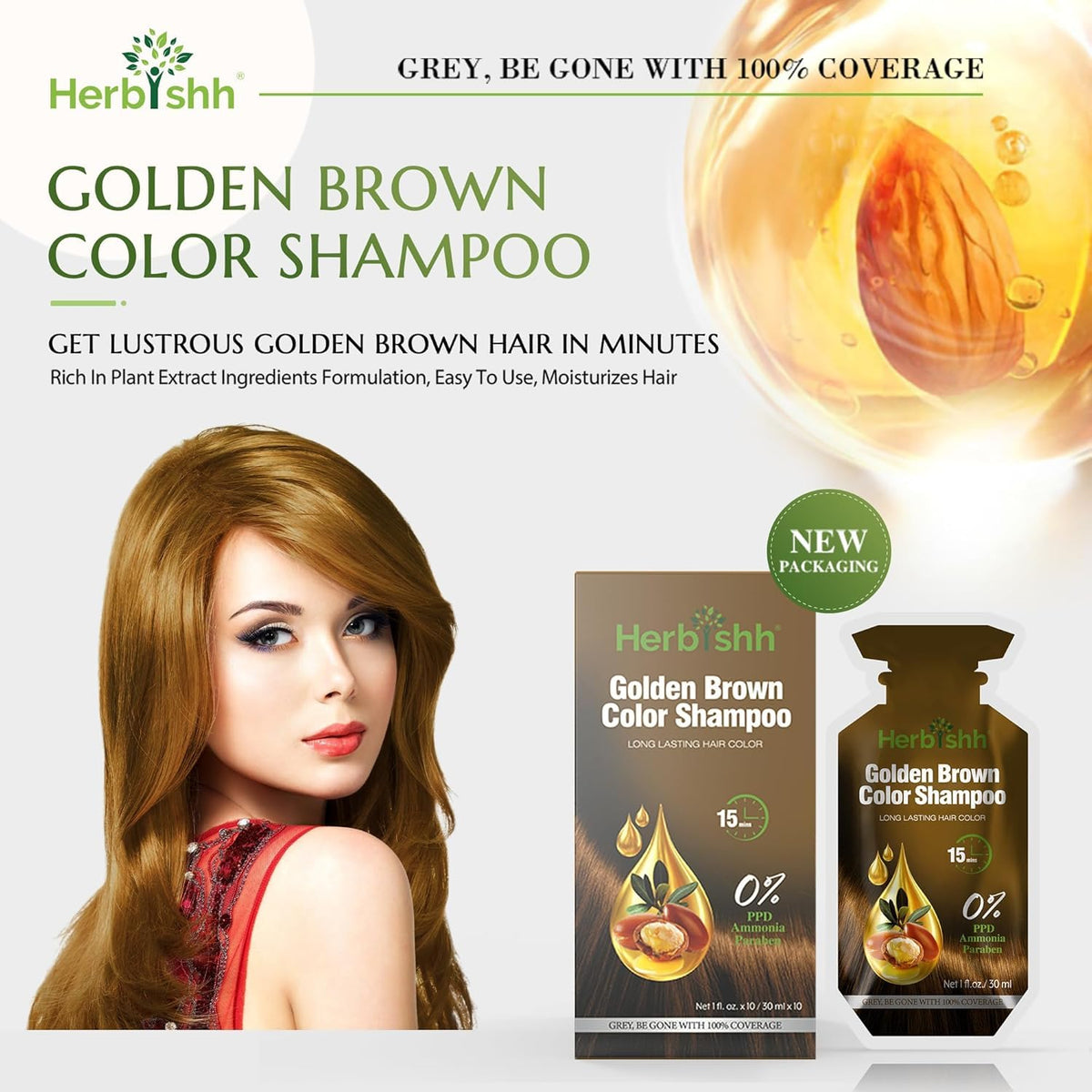Golden Brown Hair Shampoo, Hair Color for Gray Coverage, 3 in 1 Hair Dye Shampoo - champu para tenir el cabello, Colors in Minutes, Easy to Use PPD Free Pouch 30mlx10p