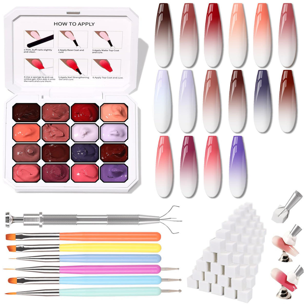 Sponge Pat Paint Nail Gel, Ombre Nails Gradient Gel Nail Blush Blooming Aura Nails Drawing Stripper Floral Painting DIY Nail Art, No Wipe, UV/LED Curing (16 Colors M)