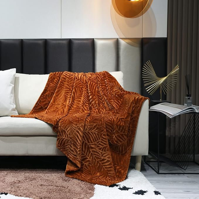 SOCHOW Super Soft Flannel Fleece Fall Throw Blanket, Lightweight Cozy Warm Leaves Textured Plush Blanket for Bed Couch Sofa, 60 x 80 Inches, Caramel