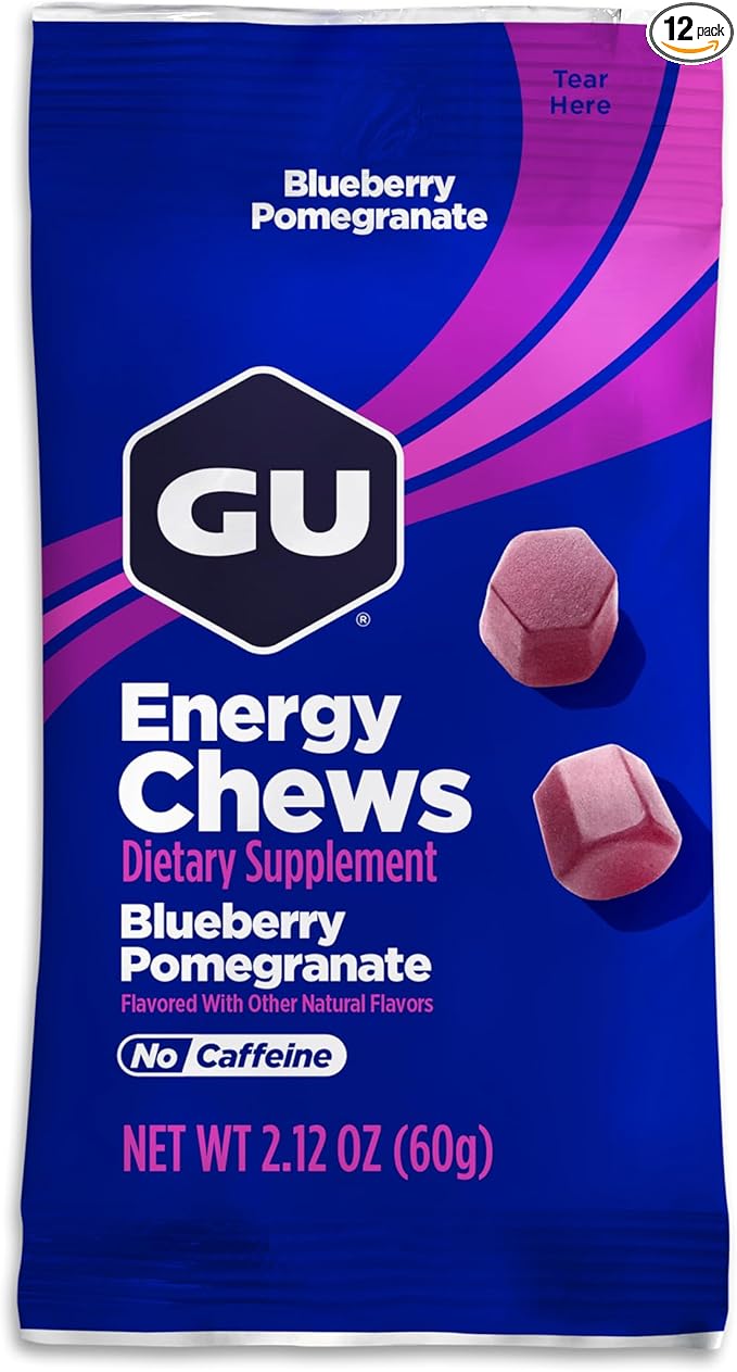 GU Energy Chews, Blueberry Pomegranate Energy Gummies with Electrolytes, Vegan, Gluten-Free, Kosher, and Dairy-Free On-The-Go Energy for Any Workout, 12 Bags (24 Servings Total)