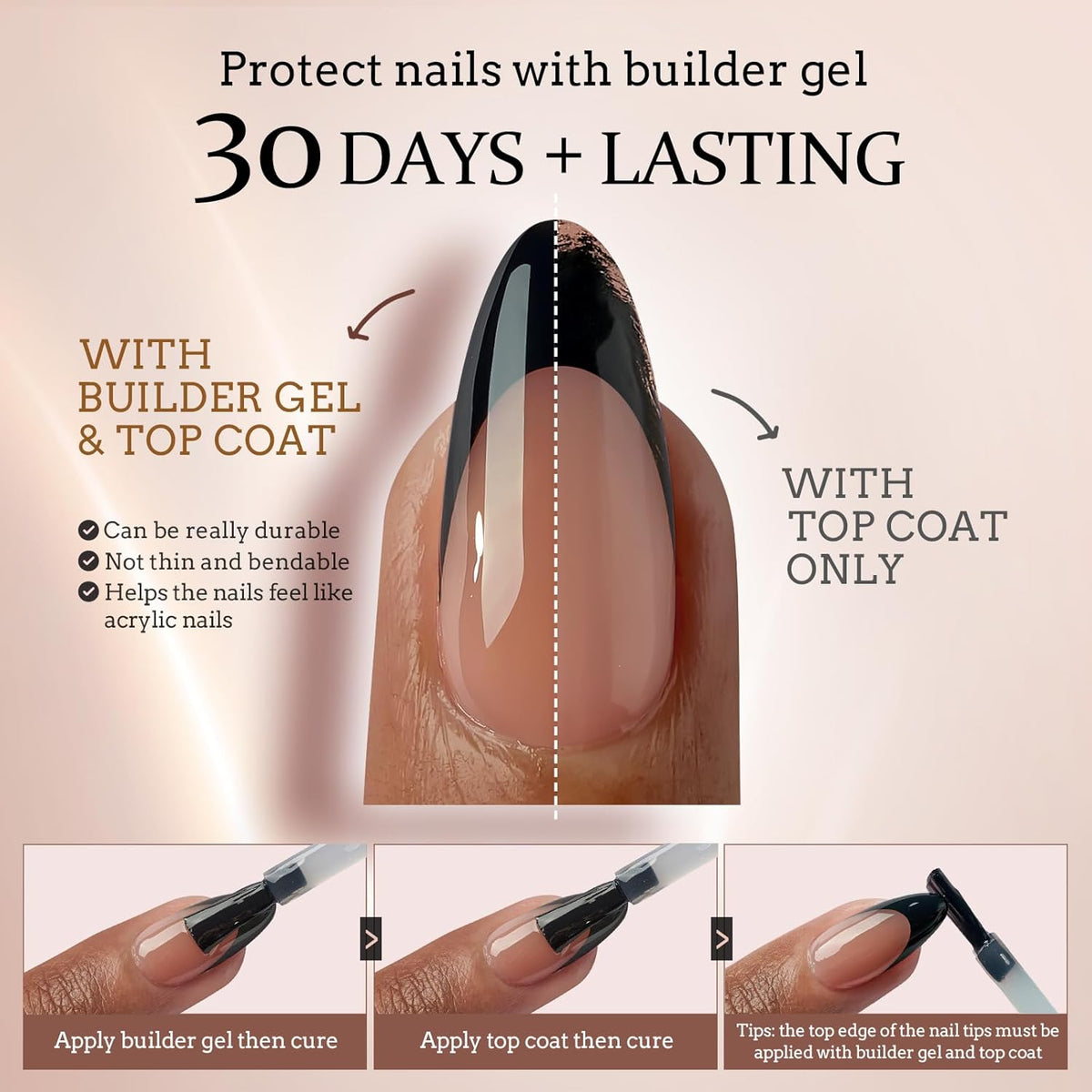 BTArtboxnails Black Press on Nails - French Tip Press on Nails Short, Square Gel Nail Tips, Supremely Fit Natural Fake Nails in 16 Sizes - 160 Pcs False Nails, Black French