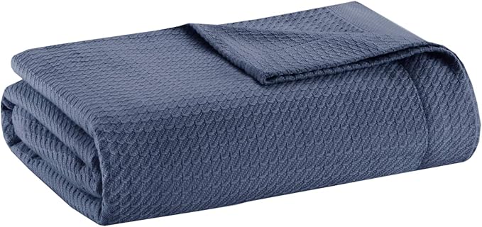 Madison Park Soft Certified 100% Egyptian Cotton Breathable Cozy Blanket, Premium Waffle Knit Classic Design, Luxury All Season Lightweight Cover for Bed, Couch and Sofa, Blue King(108"x90")