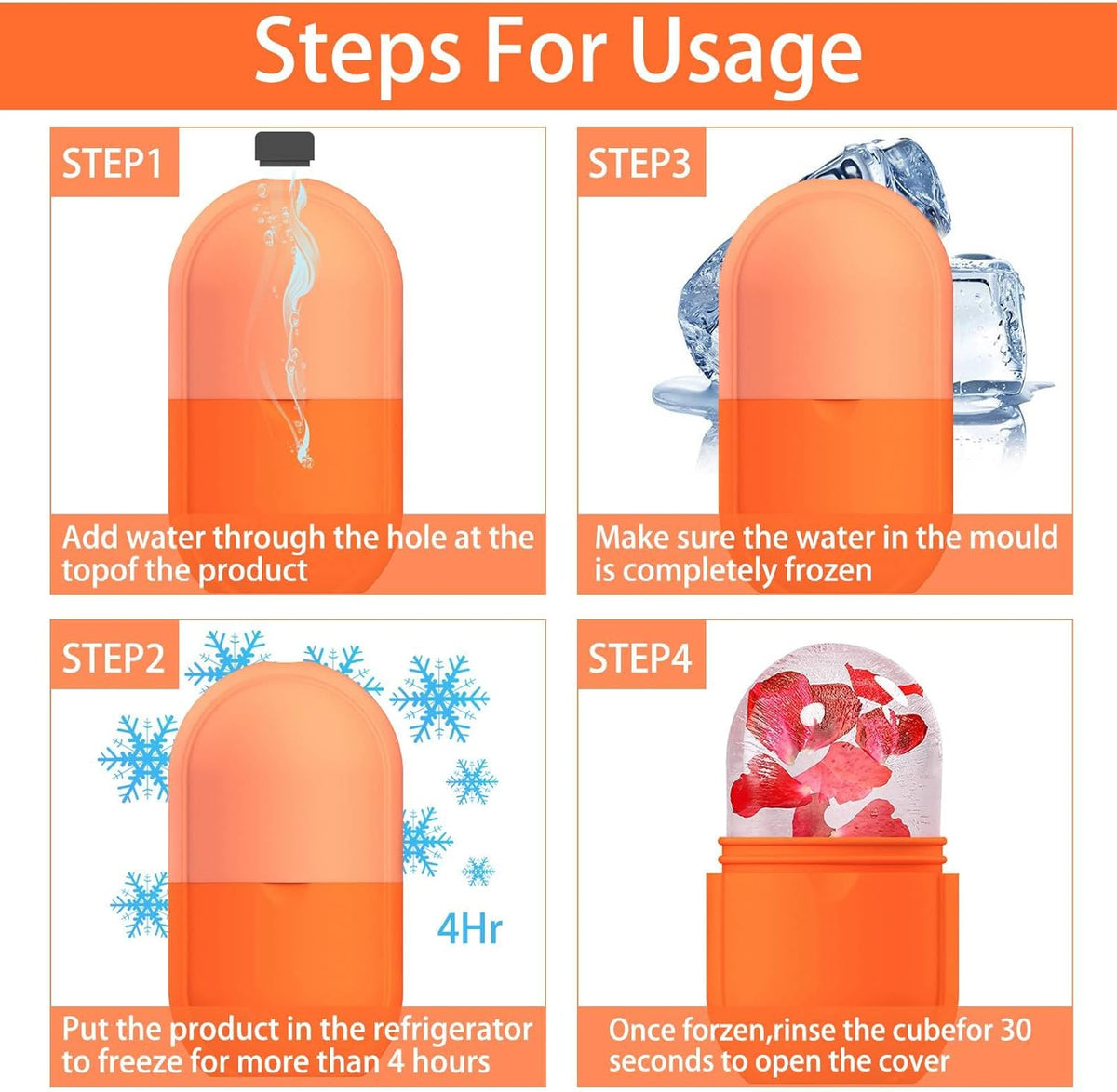 KOGITI Face Ice Roller & Mold - Beauty Facial Massage Tool for Puffiness Relief, Ice Cube Holder (New-Orange)