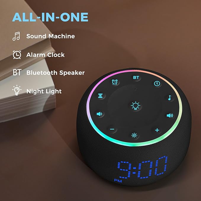 White Noise Machine Alarm Clock for Bedrooms - 5W Stereo Bluetooth Speaker - 24 Soothing Sounds - 9 Night Lights - Auto-Dimmable Digital Alarm Clock Sound Machine for Sleeping