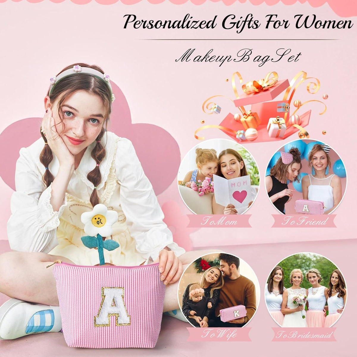 YOOLIFE Cute Gifts Travel Makeup Bag - Pink Travel Cosmetic Bag for Women Yoga, Picnic, Personalized Best Friend Birthday Gifts with Monogram