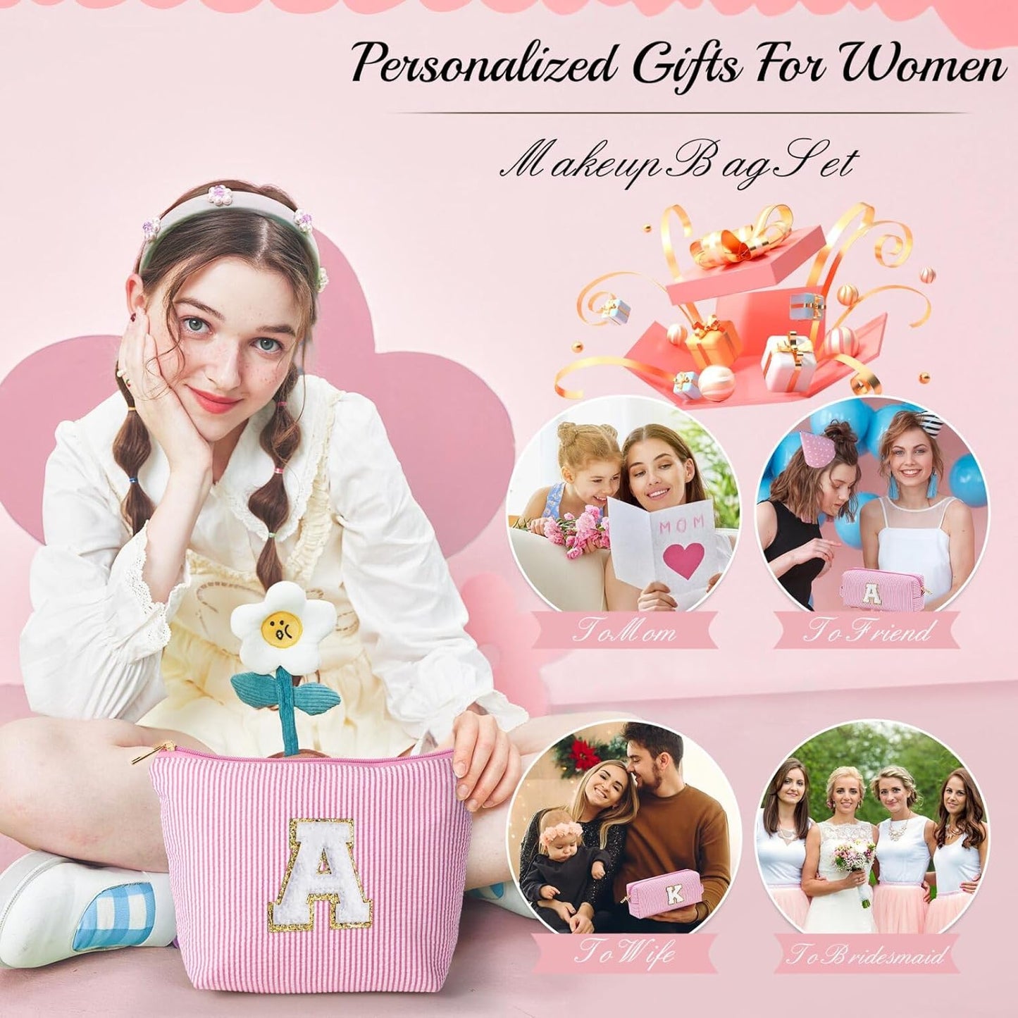 YOOLIFE Mom Birthday Gifts for Women, Personalized Monogram Makeup Bag Cosmetic Bag Travel Toiletry Bag Birthday Gifts for Women Her Bridesmaid Friend Sister Wife Girlfriend Daughter Gifts Pink I