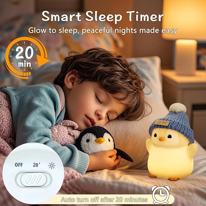 Penguin Night Light for Kids, Adorable Penguin Lamp with Hat, Food Grade Silicone Nursery Nightlight, Rechargeable/Dimmable/Timer,LED Squishy Novelty Animal Bedside Lamp,Funny Gifts for Boys