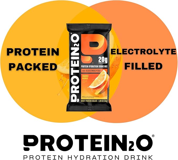 Protein2o 20g Whey Protein Isolate Clear Protein Powder, 370mg of Electrolytes, Vitamins B5 & B6, Sugar Free, Orange Mango, 16-Pack
