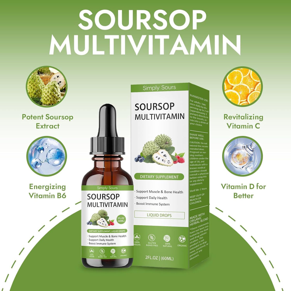 Simply Sours Organic Soursop Graviola Extract Drops - 5000mg Pure Leaf & Fruit Liquid Supplement, Sugar-Free Gluten-Free, 2 fl oz (60 Servings)