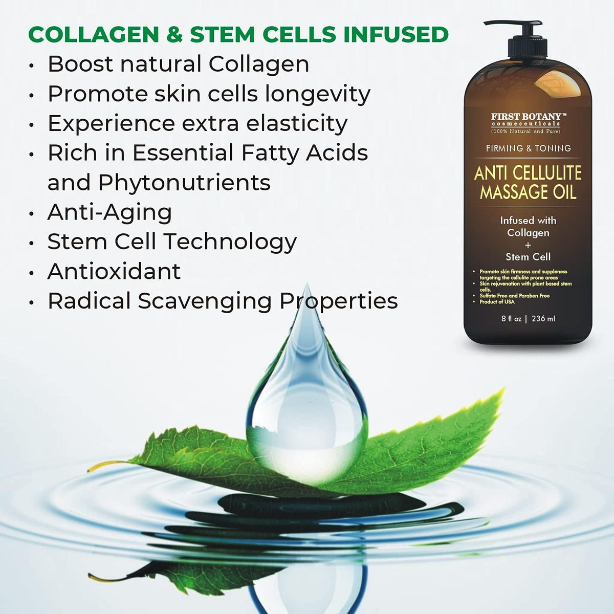 First Botany, Anti-Cellulite Massage Oil Infused with Collagen & Stem Cells - Natural Cellulite & Stretch Mark Treatment for Men & Women - 8 oz