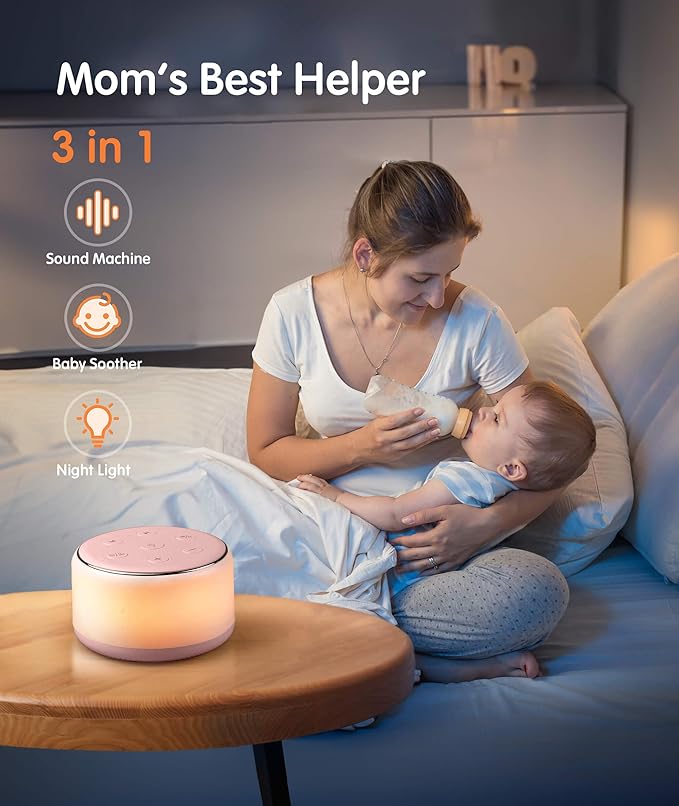 FamiSym Portable Sound Machine for Babies Kids Sleeping – Rechargeable, 7 Colors Night Light, 34 Soothing Sounds, Baby Sleep Soother, Lullaby White Noise Machine, Shush, Baby Shower, Registry Gift