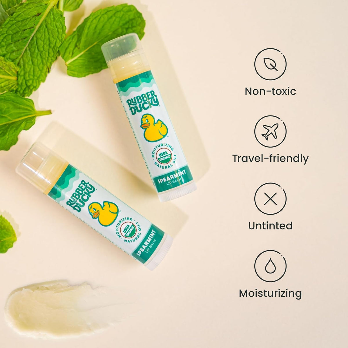 Rubber Ducky Sunscreen - Organic Lip Balm for Women, All Natural Stick with Vitamin E - Moisturizing & Hydrating Lip Balm for Dry Lips - Untinted and Non-Toxic Lip Care - Spearmint, 3 Pack