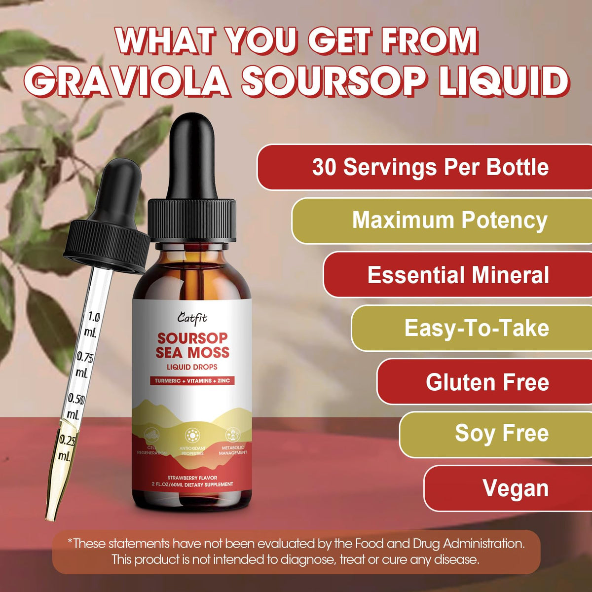 Catfit Soursop Graviola Liquid Drop – Soursop Bitters Liquid Drops with Sea Moss, Turmeric & Zinc, for Cell Support, Antioxidant, Relaxation & Immune Boost, Strawberry Flavor, 2 Fl Oz