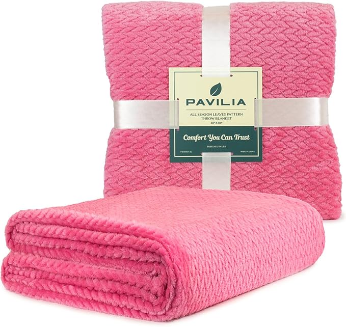 PAVILIA Soft Fleece Hot Pink Throw Blanket for Couch, Lightweight Plush Warm Blankets for Bed, Fuzzy Cozy Flannel Blanket Throw for Sofa, Travel, Jacquard Pattern, Hot Pink, Twin, 60x80 inch