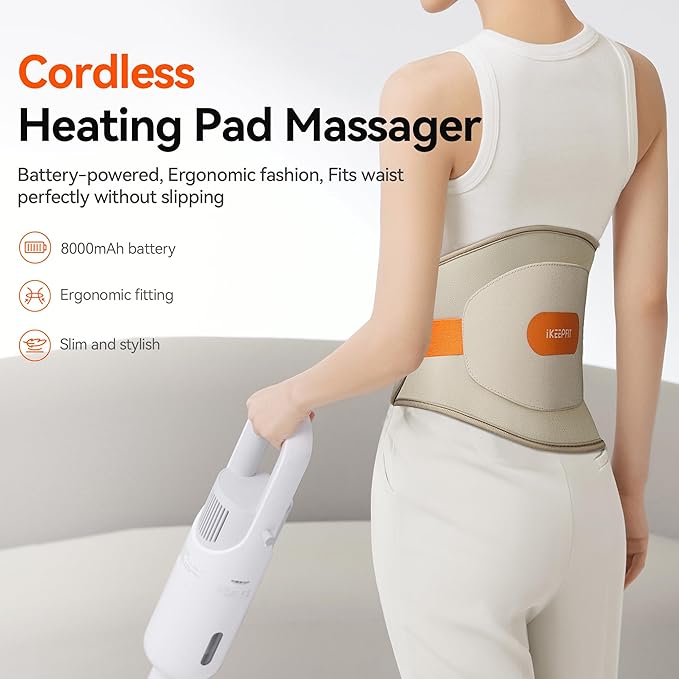 Cordless Heating Pad for Back Pain Relief: MAXwarm 3.0[2025 Upgraded], IKEEPFIT Electric Heat Pad with Massager for Period Cramps, Extra Large 65", 8000mAh Battery, Gift for Women Men (Beige)