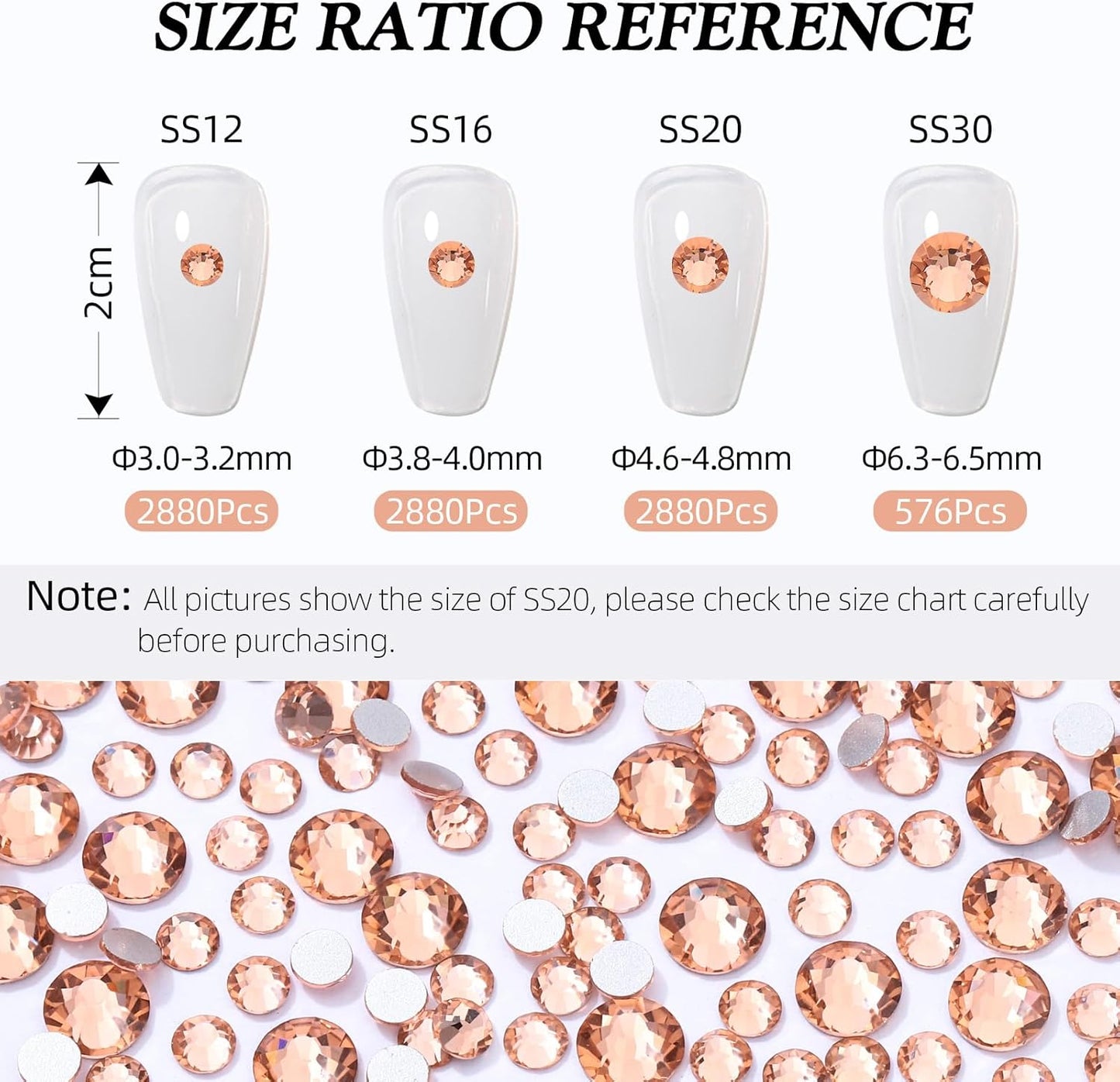 Champagne Flatback Rhinestones, Glass Rhinestones for Nail Art and Craft, Glue Fix, Loose Crystal Gemstones(Champagne, SS12, 2880pcs, 2.9-3.0mm)