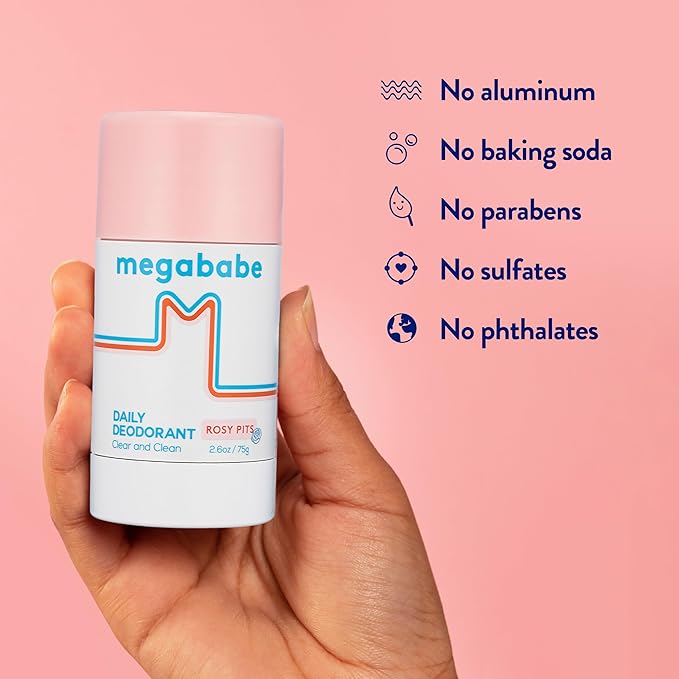 Megababe Daily Deodorant - Rosy Pits | 72 hour Odor Protection | Aluminum-Free, Clear & Clean | 2.6 oz - 2 Pack