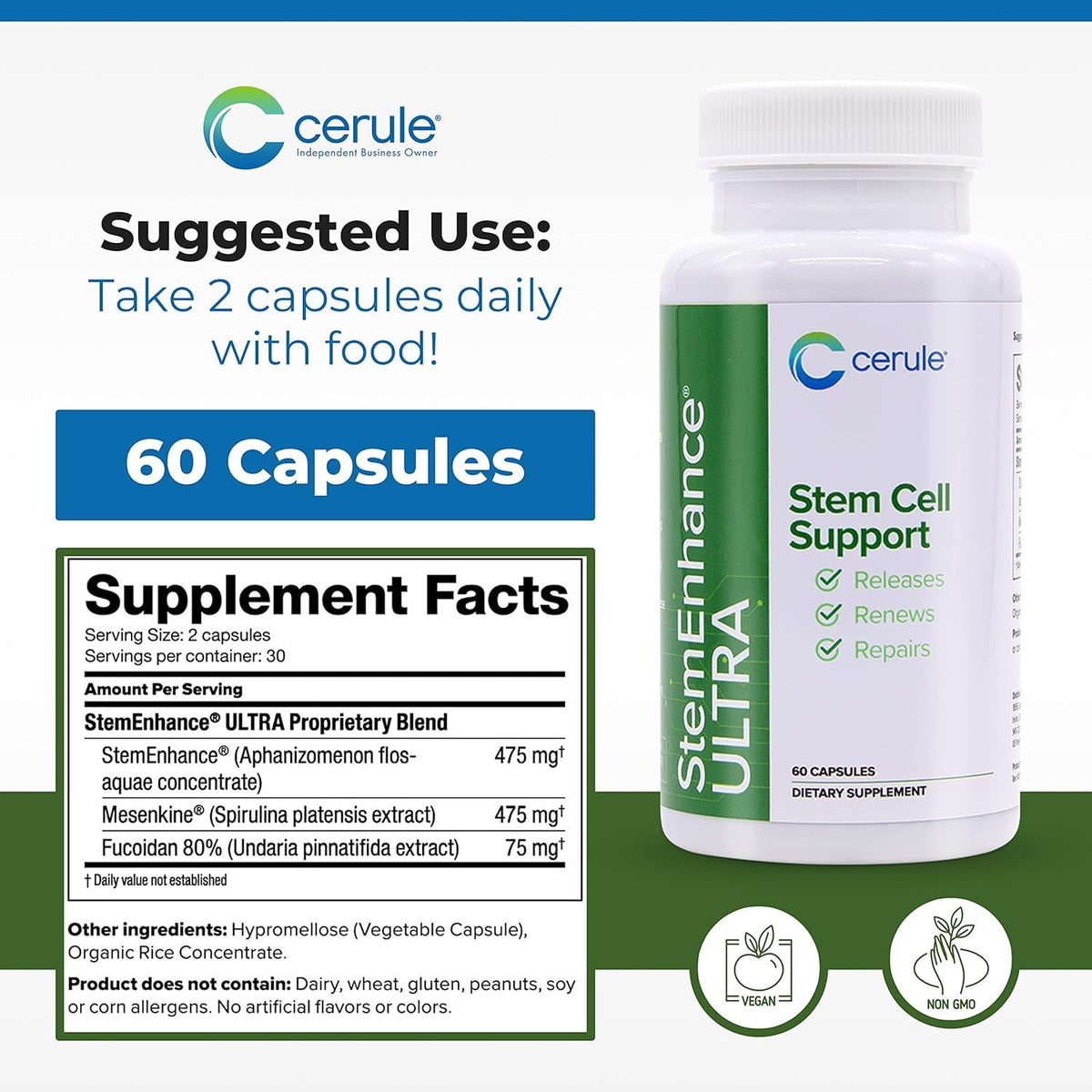 Cerule StemEnhance Ultra 2 Pack –Natural Stem Cell Support Supplement for Cellular Renewal, Immune Function, Energy, and Recovery–Freshwater Microalgae & Marine Macroalgae Extracts– 120 Capsules Total