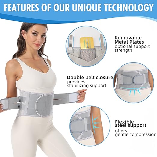 Back Brace for Lower Back Pain Relief - Back Support Belt for Women & Men, Lower Back Brace for Herniated Disc, Sciatica. Removable Stays for Lower Back Support with 2 Different Hardness Sets (Grey, XXX-Large)