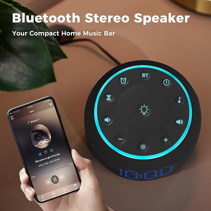 White Noise Machine Alarm Clock for Bedrooms - 5W Stereo Bluetooth Speaker - 24 Soothing Sounds - 9 Night Lights - Auto-Dimmable Digital Alarm Clock Sound Machine for Sleeping